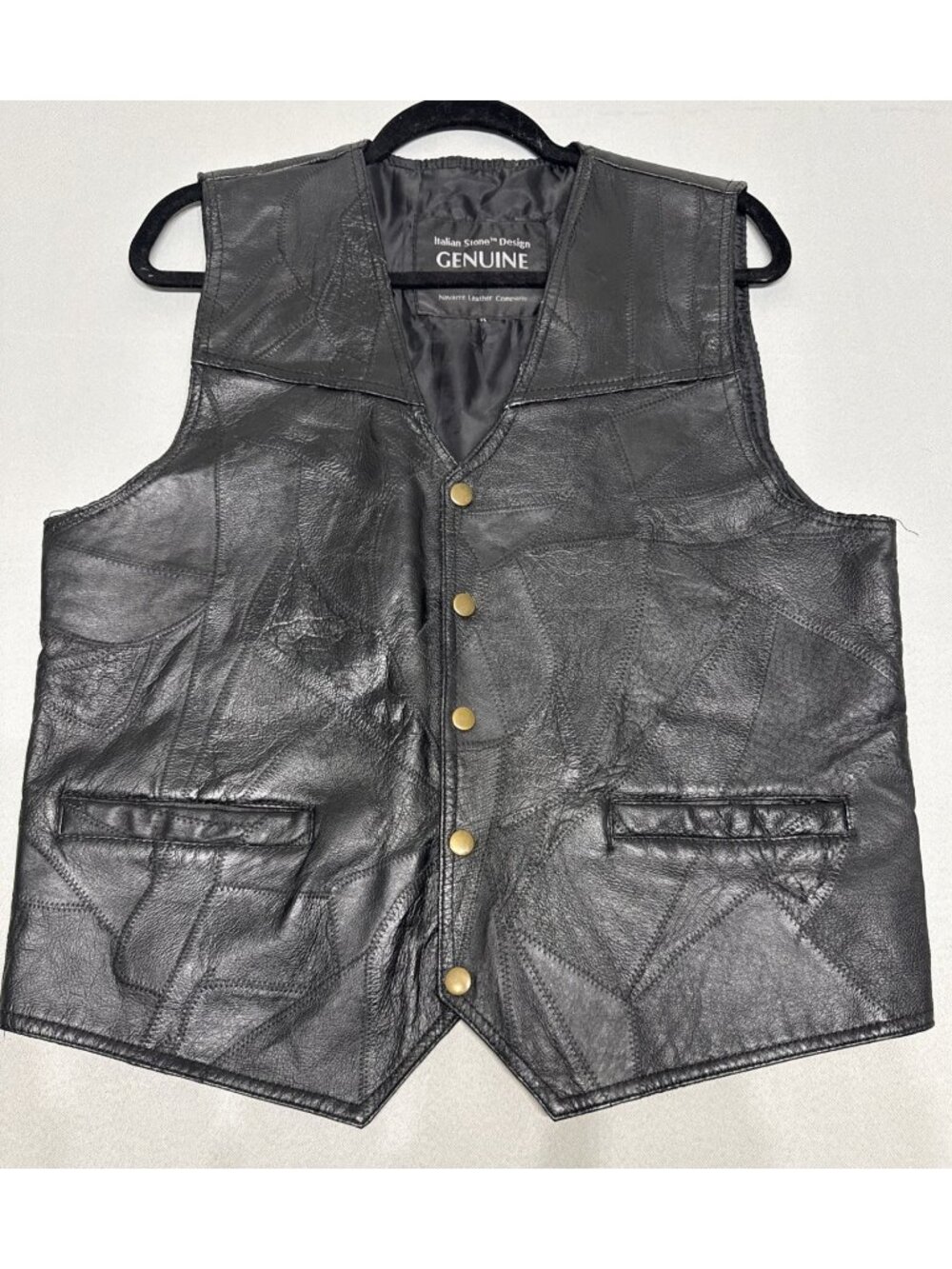Italian Stone Design Genuine Leather Vest Black Patchwork Biker Western L VTG